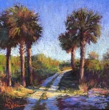 North Lido Palm trees in late day sunshine,
Pastel painting of Palm trees,