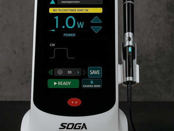 A modern dental laser device with a sleek design and digital display.