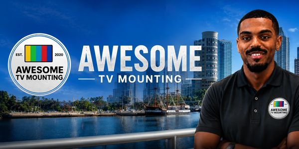 Man promoting Awesome TV Mounting service with cityscape background.