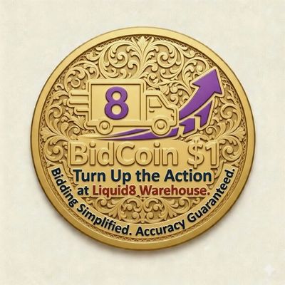 Gold coin logo for BidCoin with delivery truck and upward arrow.