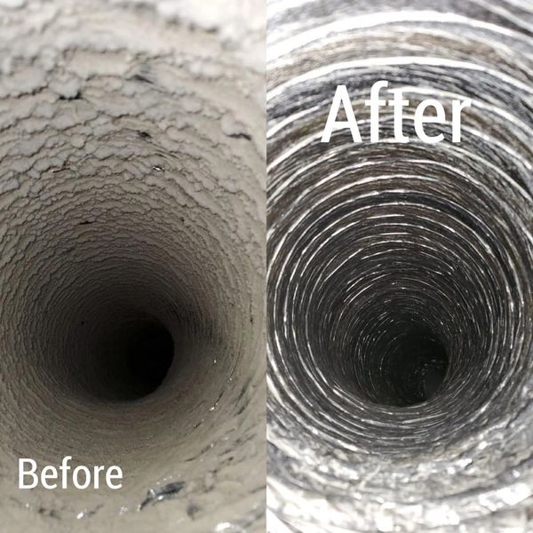 Before and after images of a cleaned air duct showing significant dust removal.