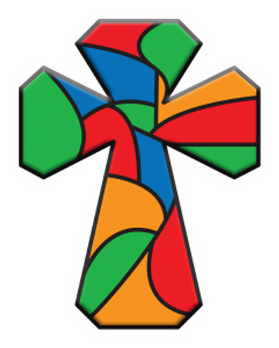 Colorful stained glass cross with abstract shapes in red, green, blue, and orange.