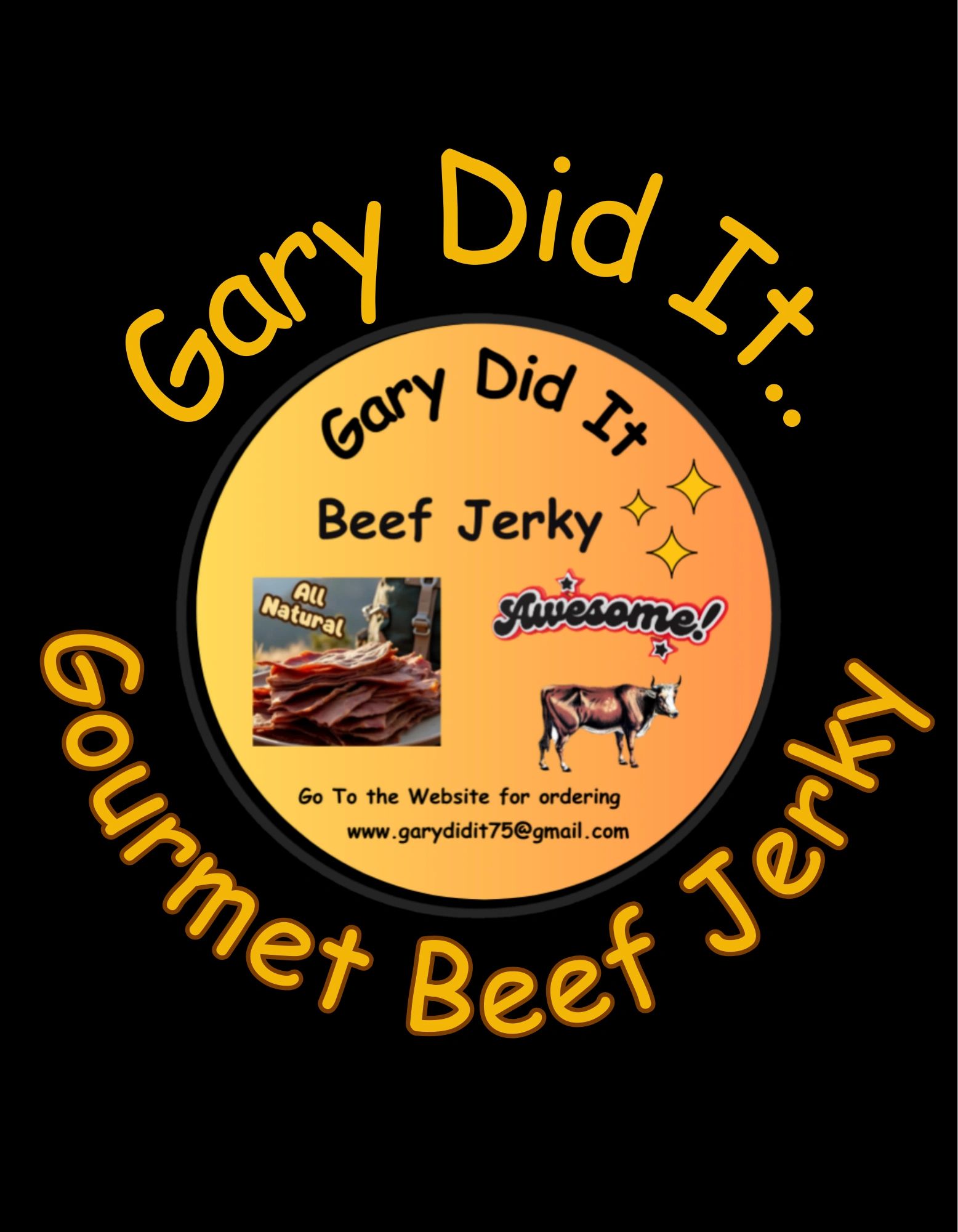 Logo for Gary Did It Gourmet Beef Jerky with images of beef jerky and a cow.