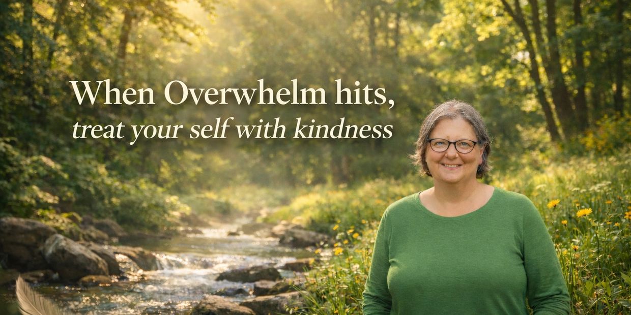A smiling woman stands by a sunlit creek with a kindness quote.