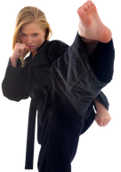 Black belt lady throwing a round kick
