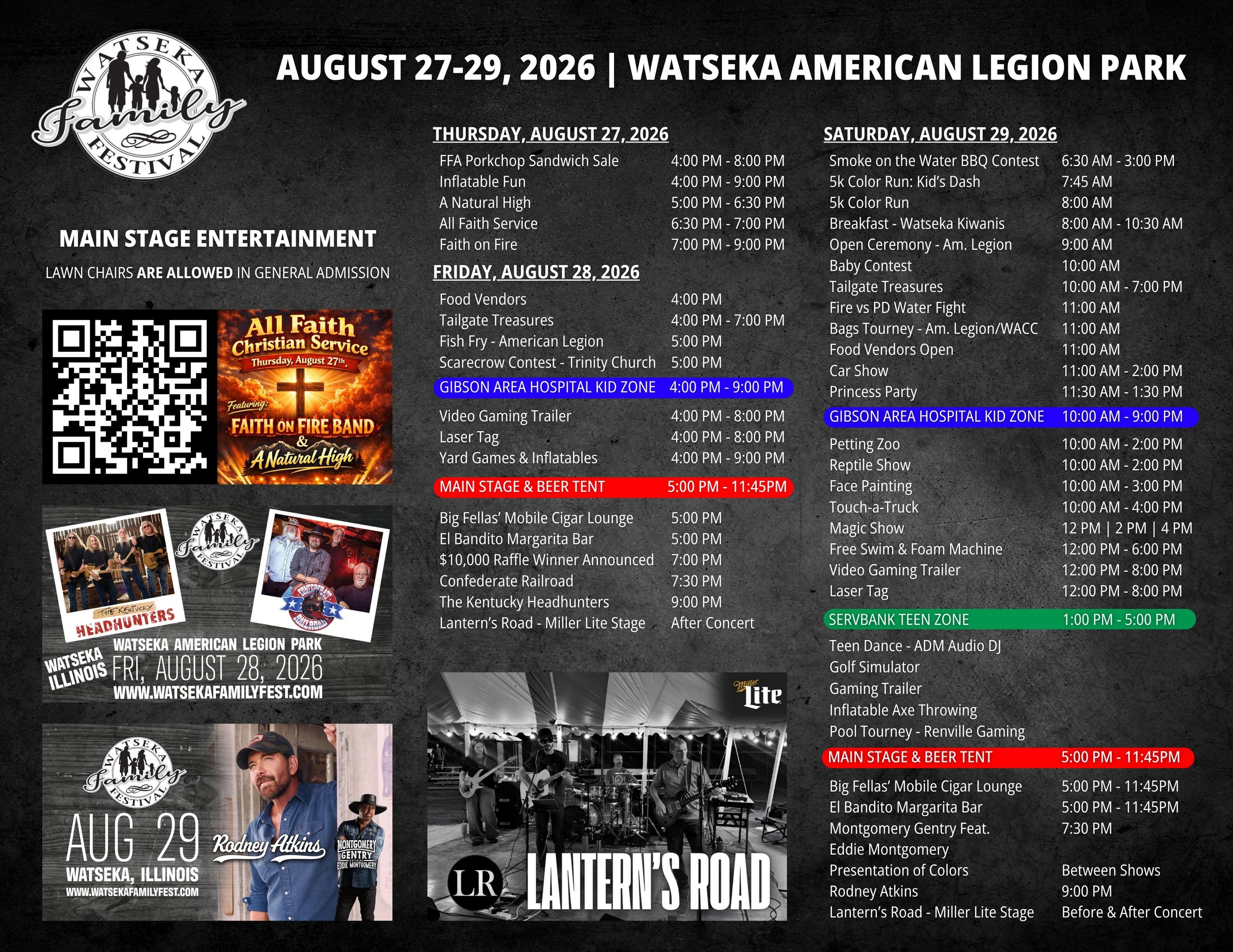 Schedule for Watseka Family Festival August 27-29, 2026.