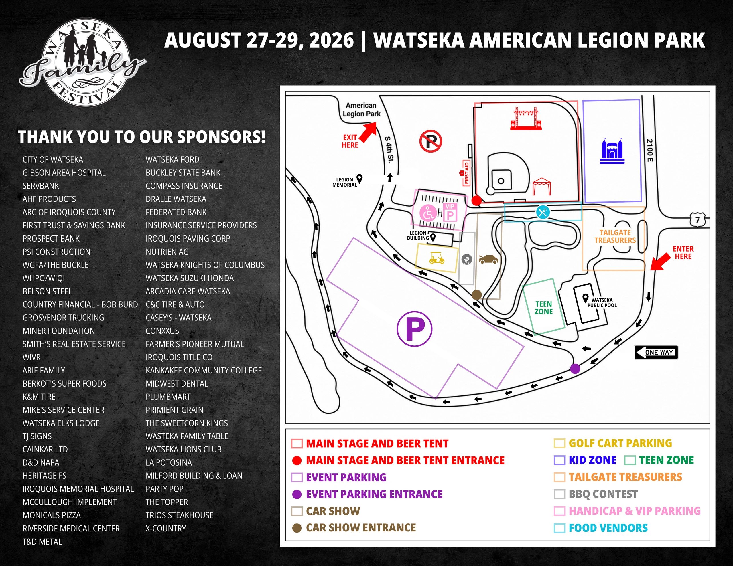 Map and sponsors of Watseka Family Festival 2026.