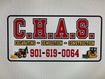 C.H.A.S. construction services with contact number and machinery images.