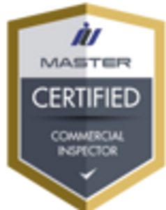 Master certified commercial inspector badge with gold and blue design.