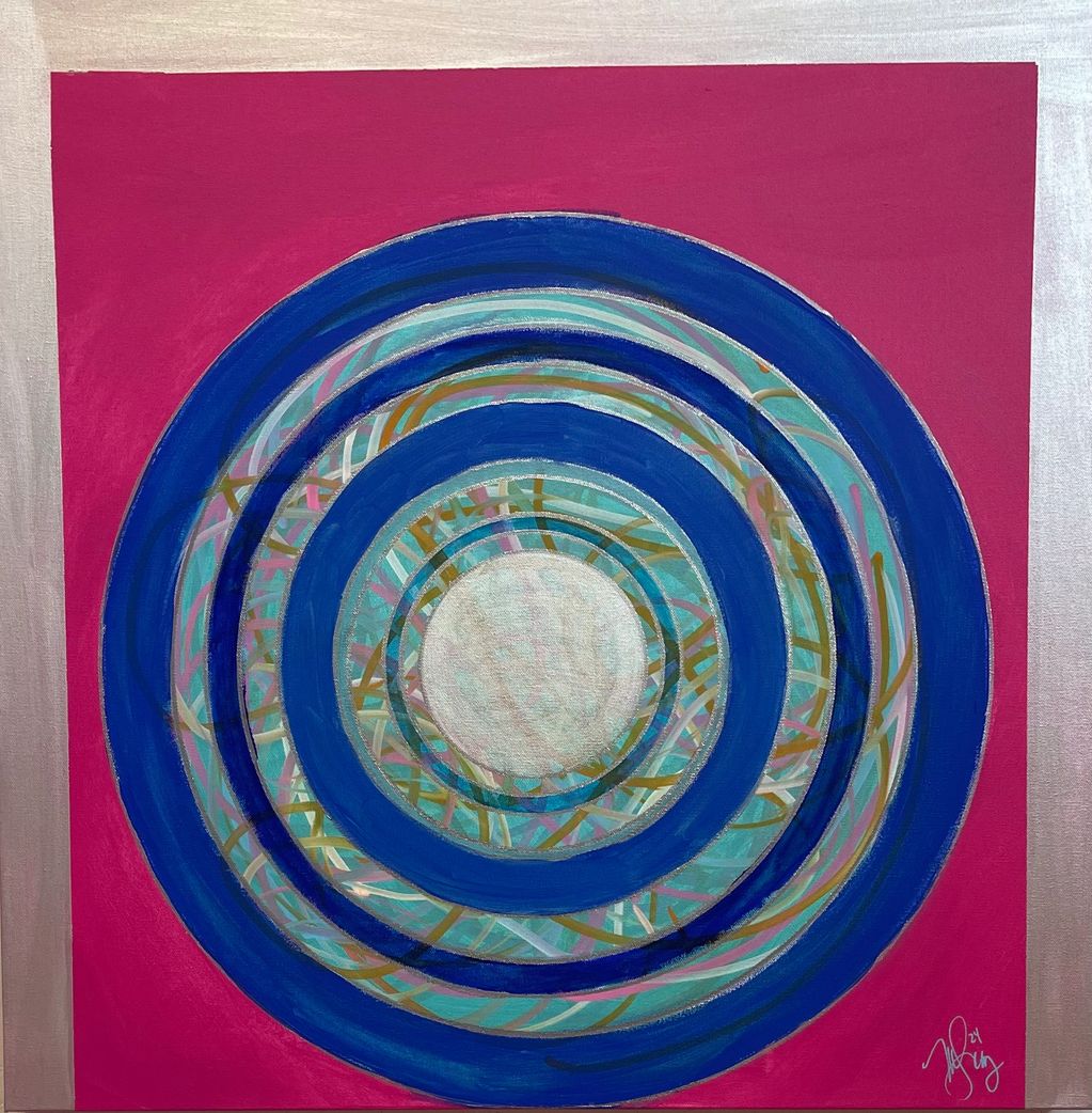 Abstract painting with concentric blue circles on a magenta and silver background.