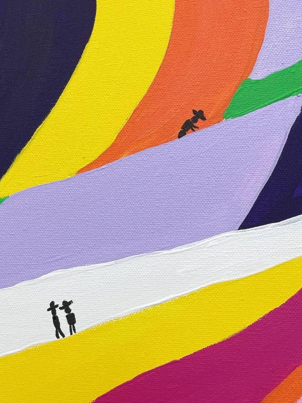 Abstract colorful canvas with three black silhouettes of people in different poses.