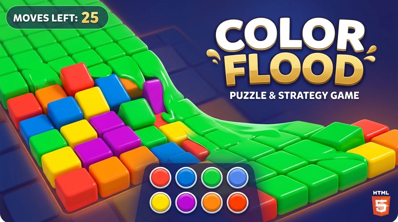 Color Flood puzzle game with colorful blocks and 25 moves left.