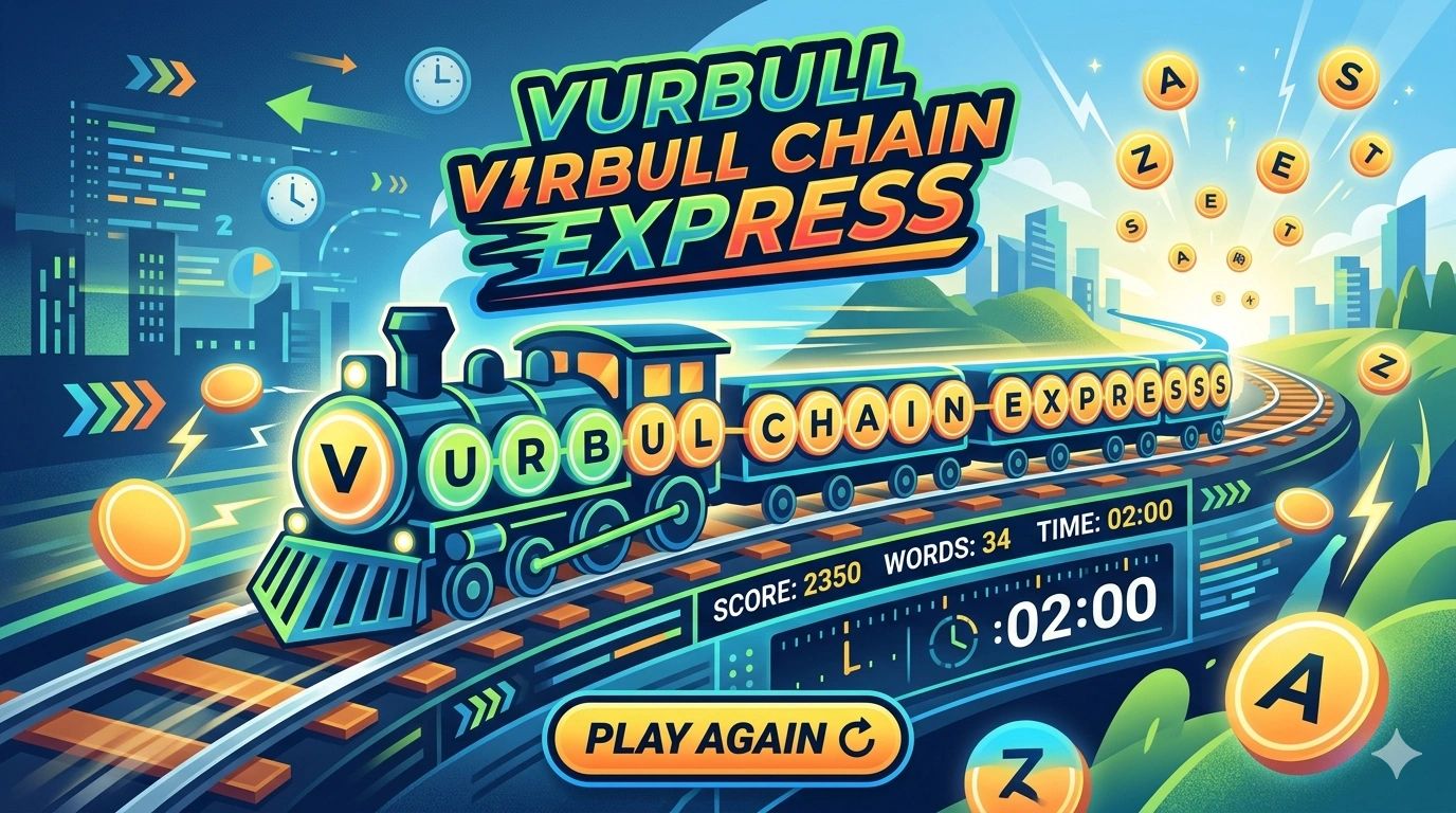 Colorful train-themed word game interface with score, timer, and play again button.