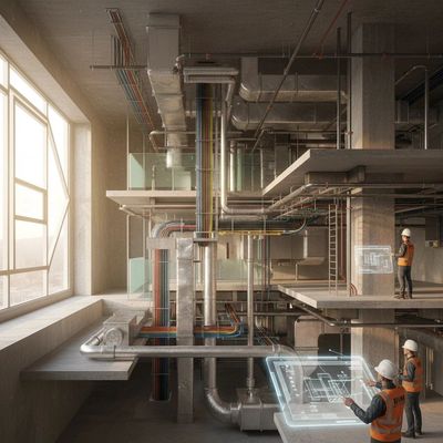 Construction engineers using holographic blueprints in a modern building under construction.