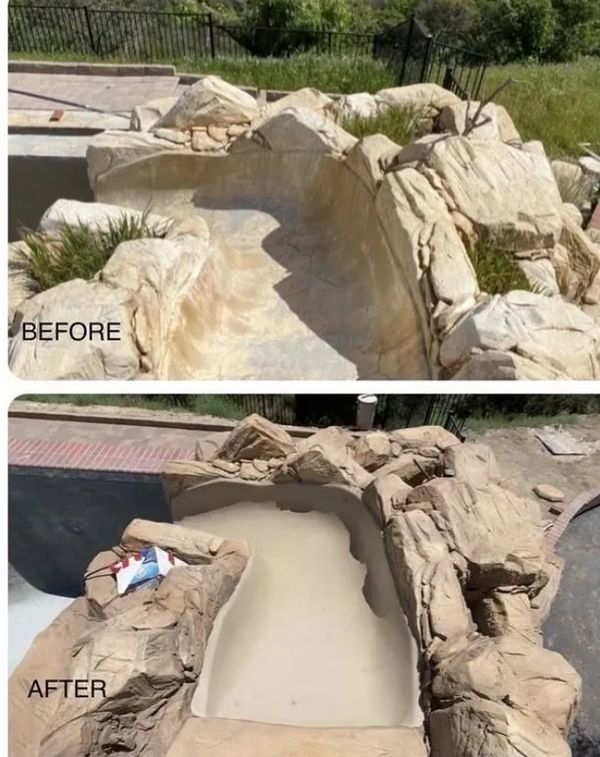 Before and after images of a rock-lined pool area renovation.