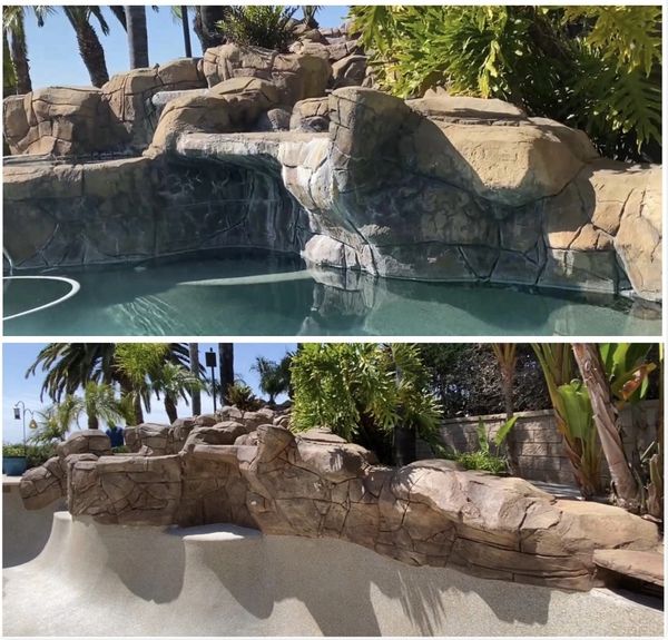 Before and after photos of a pool with a rocky waterfall, emptied for maintenance.