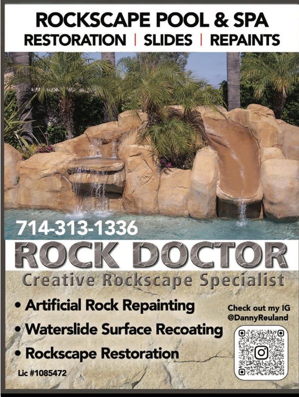 Advertisement for Rock Doctor, specializing in rockscape pool restoration and repair services.