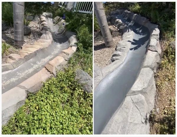 Side-by-side images of a garden water channel before and after resurfacing.