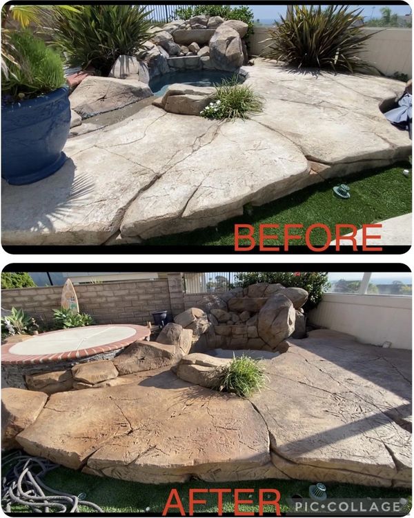 Before and after photos of a backyard rock patio transformation.