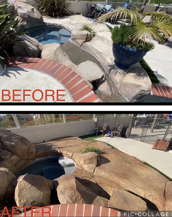 Before and after photos of a backyard pool area makeover with natural stone features.