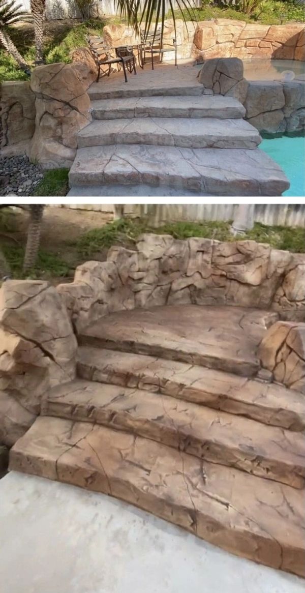 Stone-like concrete stairs and seating area blending with natural surroundings.