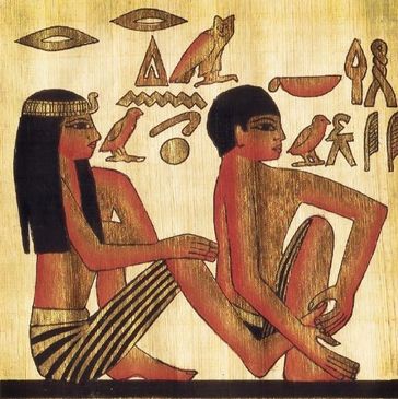 Egyptian hieroglyphic image of people receiving foot reflexology