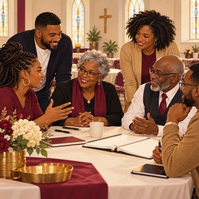 Illustration of generations of church ushers planning and organizing together.
