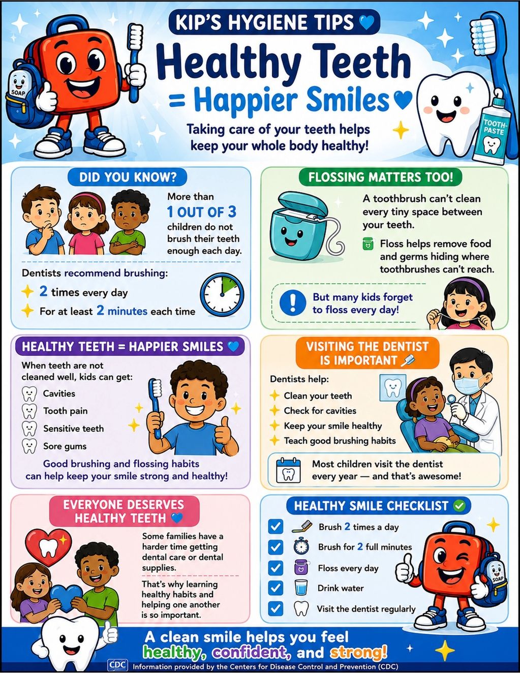 Colorful infographic with tips for healthy teeth and happy smiles for kids.