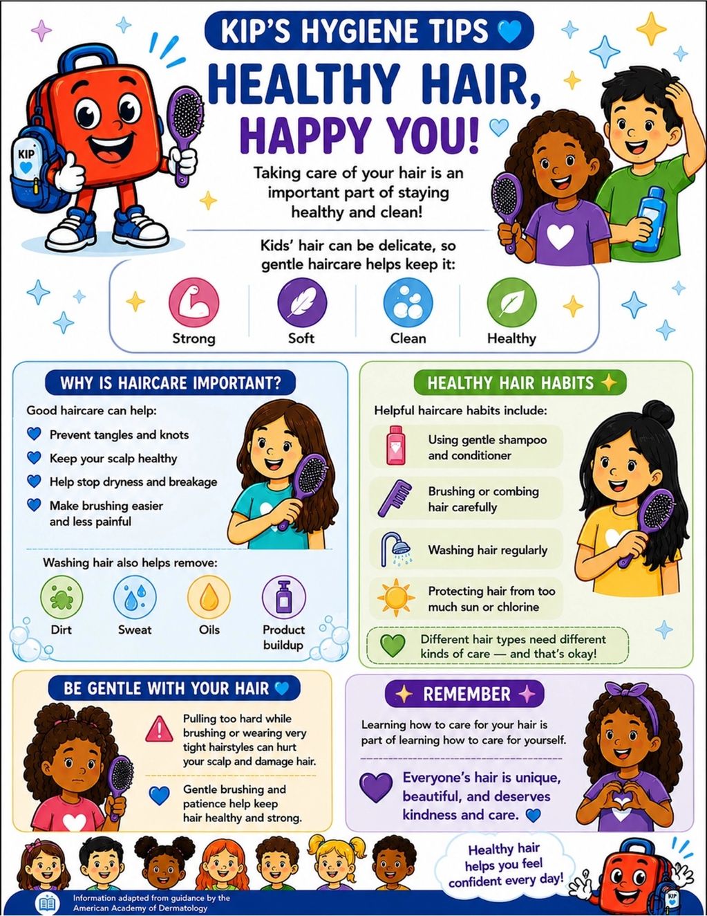 Colorful infographic teaching kids healthy hair care and hygiene tips.