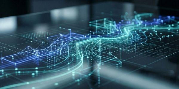 Futuristic digital data flow with glowing lines and nodes.