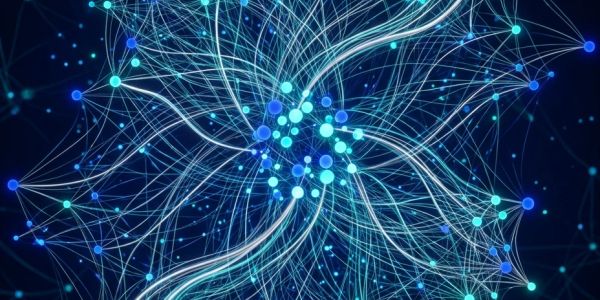 Abstract image of interconnected blue nodes and lines.