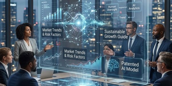 Business team discussing AI-driven market trends and sustainable growth.