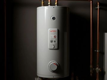 A modern water heater with copper piping on a dark wall.