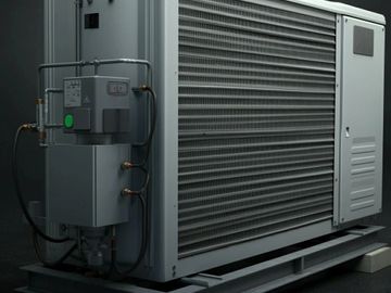 Large industrial HVAC unit with metal casing and cooling fins.