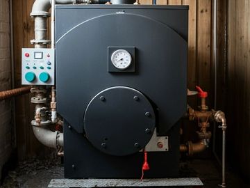 Industrial boiler with pressure gauge and control panel in a wooden room.