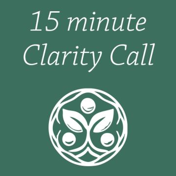15 minute clarity call logo with abstract people graphic.