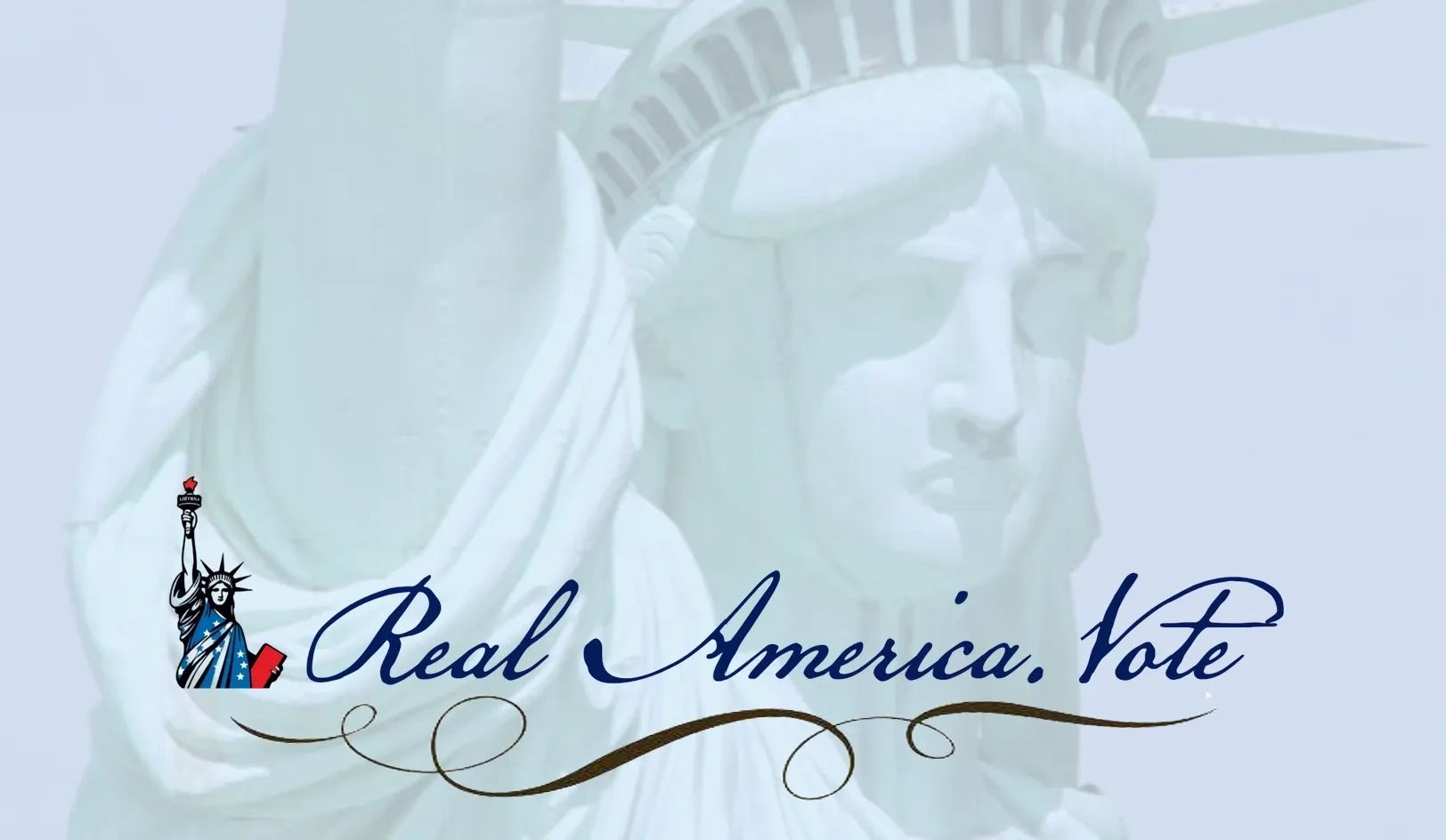 Statue of Liberty background with 'Real America. Vote' text and patriotic logo.
