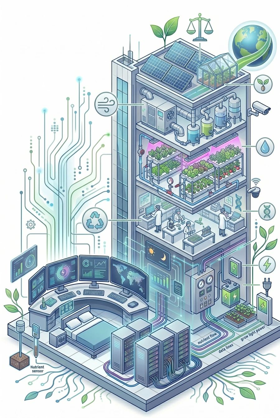 Smart indoor vertical farming facility with advanced technology and data monitoring.