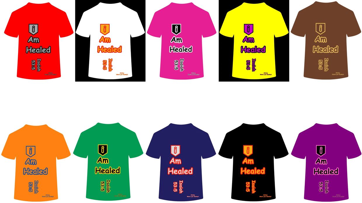Collection of colorful T-shirts with 'I Am Healed' Isaiah 53:5 text.