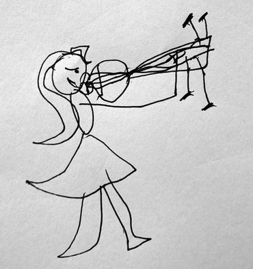 A gift from a five-year-old student, this ink drawing features a stick figure girl playing a violin
