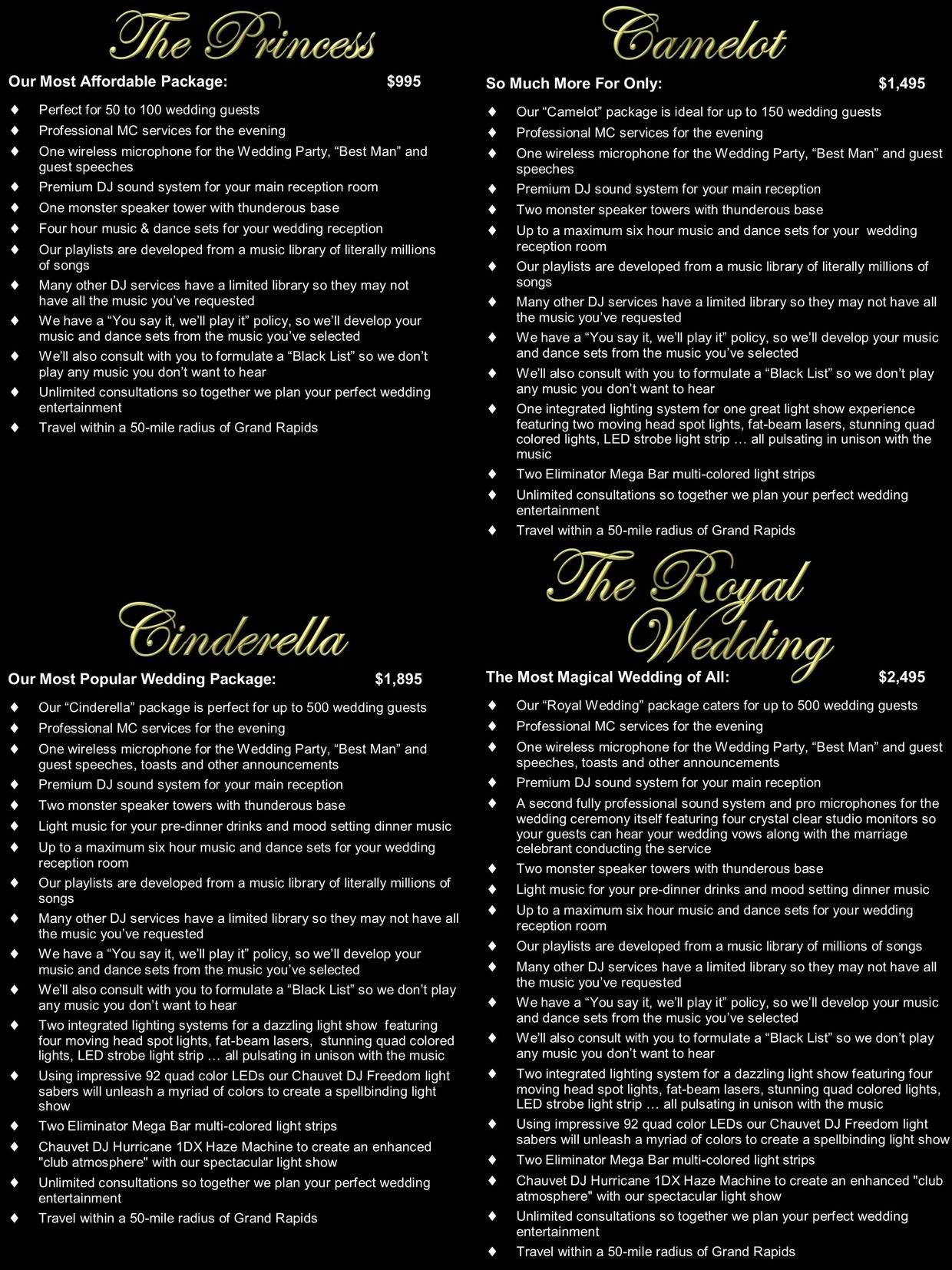 Wedding DJ packages ranging from The Princess to The Royal Wedding with various features and prices.