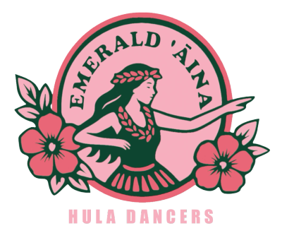 Logo of Emerald 'Āina Hula Dancers with a hula girl and flowers.