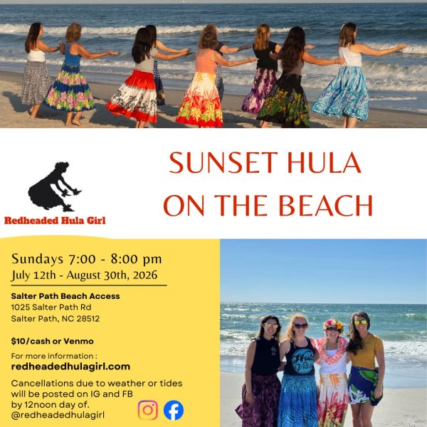 Women performing sunset hula dance on the beach in colorful skirts.