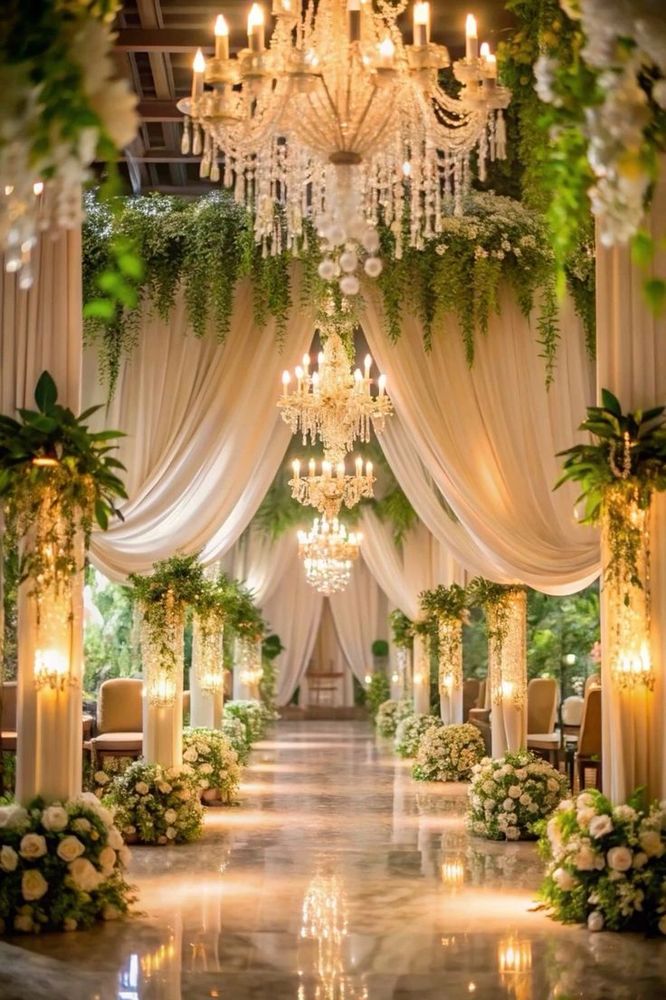 Elegant wedding aisle decorated with chandeliers, flowers, and draped fabric.