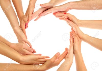 Multiple hands forming a circular shape symbolizing unity and teamwork.