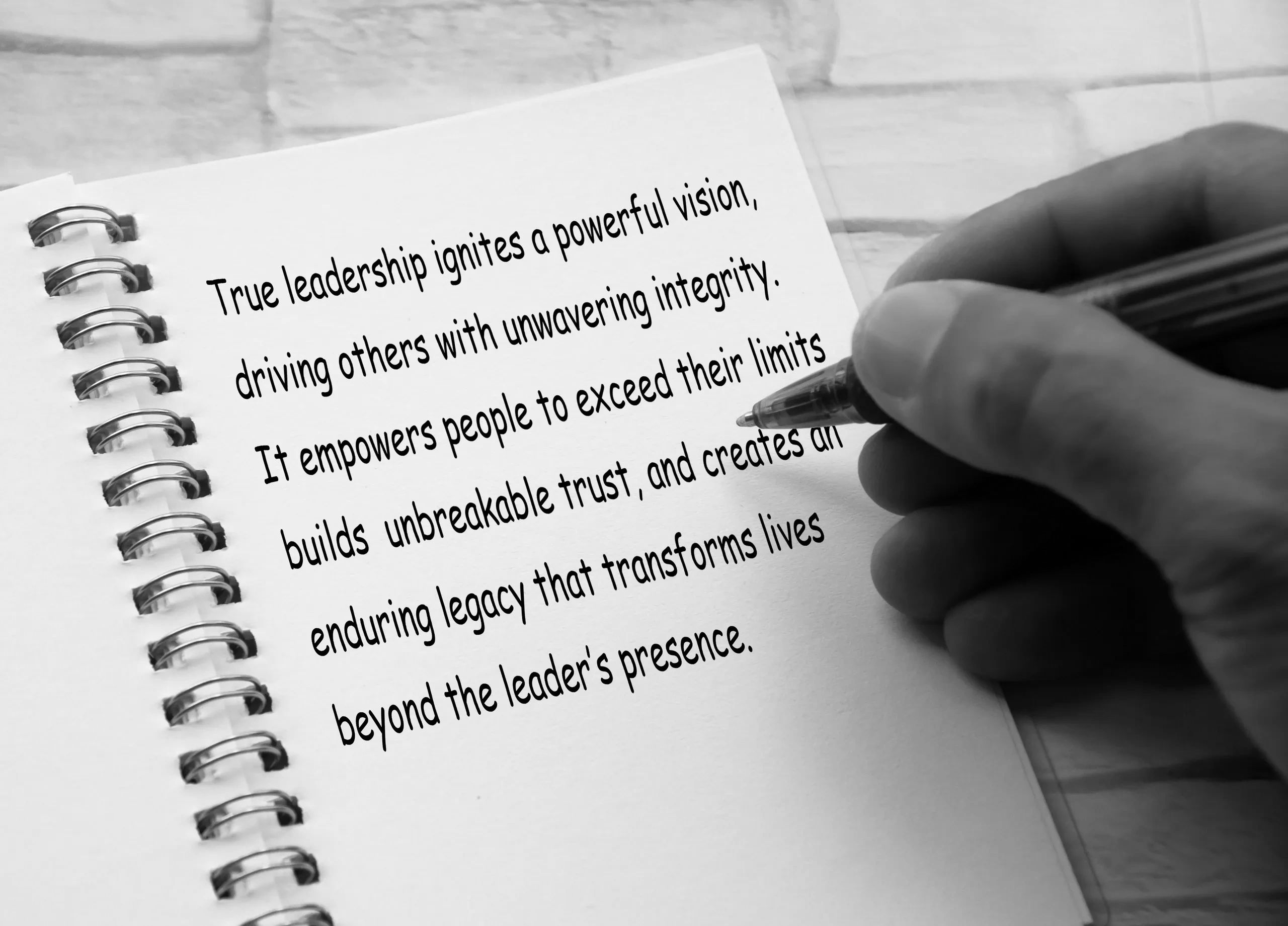 Hand writing a quote about true leadership in a spiral notebook.