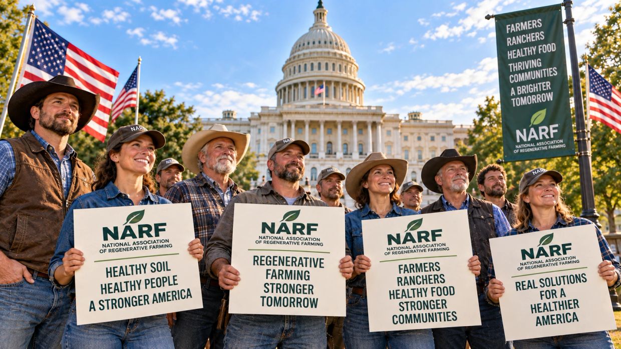 Group advocating regenerative farming with signs in front of Capitol building.
