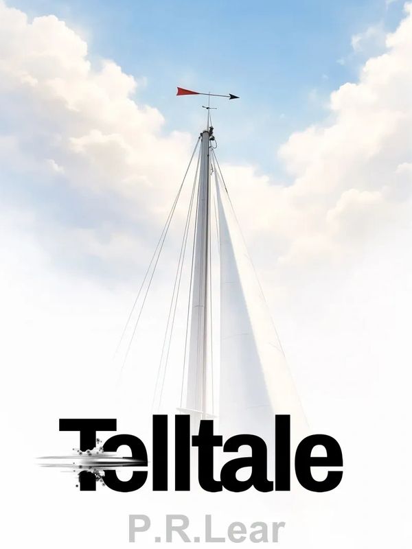 Sailboat mast with a weather vane against a blue sky and the text 'Telltale' and 'P.R. Lear'.