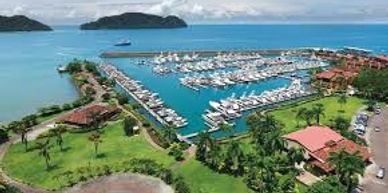 A marina filled with boats by the turquoise sea and green landscape.