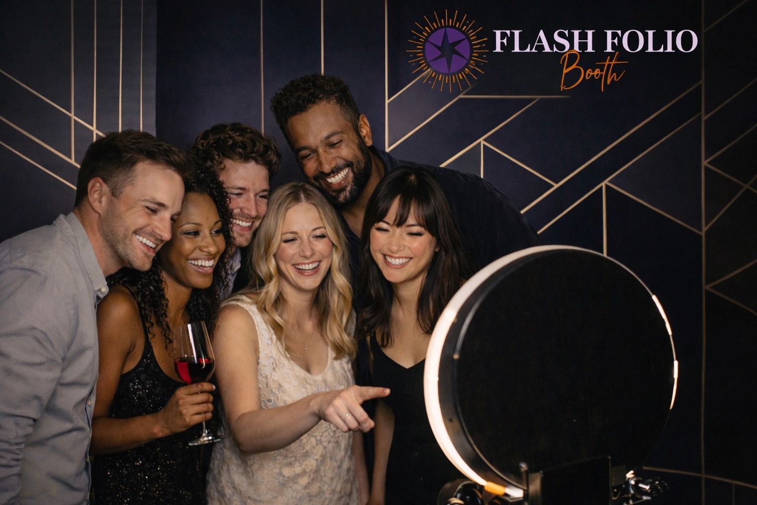 Friends laughing at a ring light photo booth at an Orange County party - FlashFolio Booth
